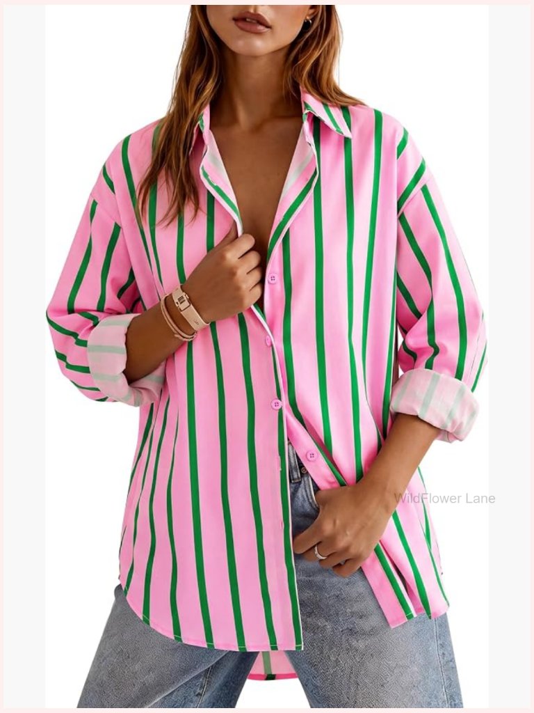 Striped Long Sleeve Button Down Oversized Blouse Drop Shoulder Casual Work Top